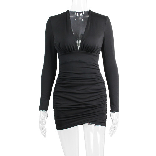 Women's Pleated Dress Sexy Deep V-neck Long sleeve Pleated Dress