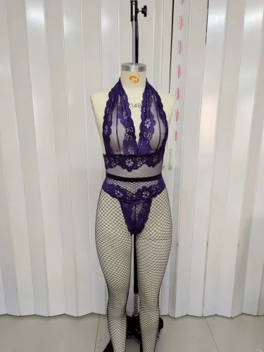 Sexy lace perspective one-piece deep V alluring suit