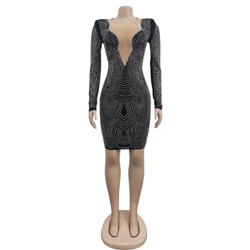 Fashion Women's Solid Iron Mesh V-Neck Long Sleeve Dress