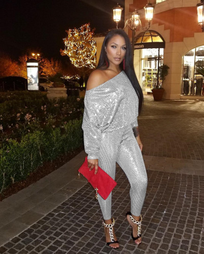 Off Shoulder Long Sleeve Dress Set Two Piece Sequins