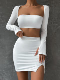 Long sleeved women's two-piece dress sexy square neck pleated hip skirt split