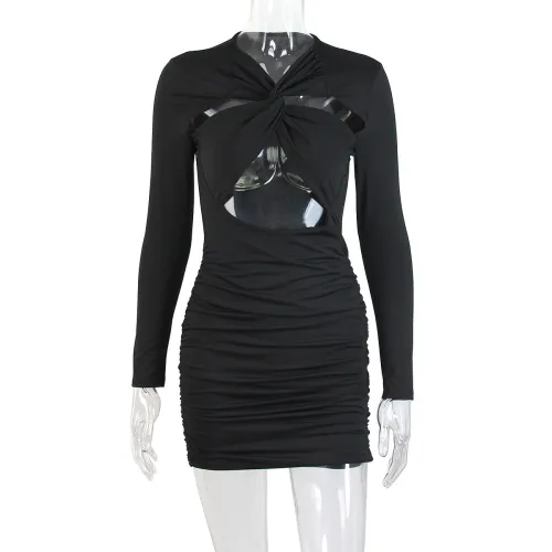 Sexy Hollow out Hip Wrap Dress Long Sleeve Pleated Dress