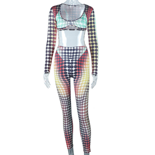Fashion printed sexy chest wrapped long sleeved trousers sports suit