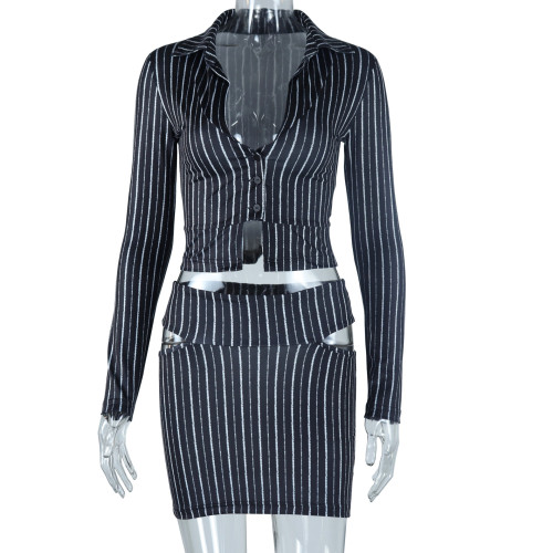 Stripe printed long sleeve sexy short shirt hollowed out mini skirt fashion suit