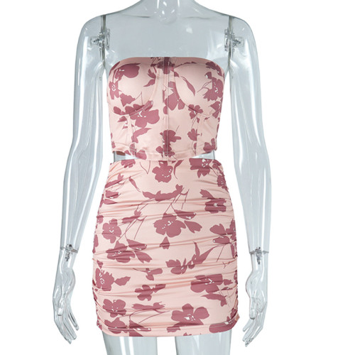 Fashion printed sexy wrap chest top skirt suit