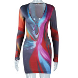 Metal Hollow out Digital Printing V-Neck Long Sleeve Hip Wrap Dress