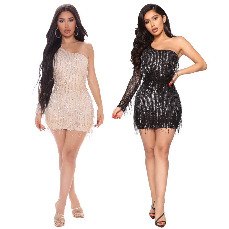 Fashionable hip wrap dress One side long sleeve sequin tassel sexy party nightclub dress