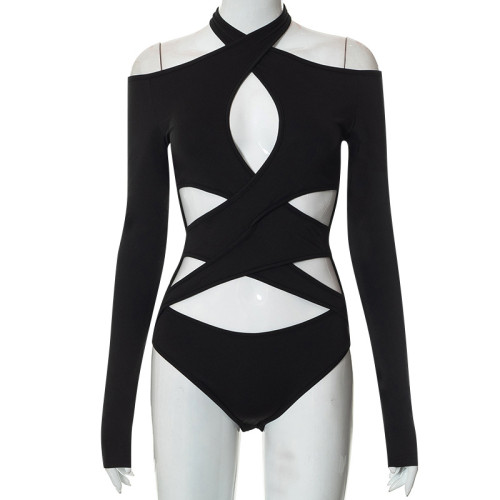 Hanging Neck Off Shoulder Wrapping Chest Long Sleeve Hollow Spice Girls Bodysuit