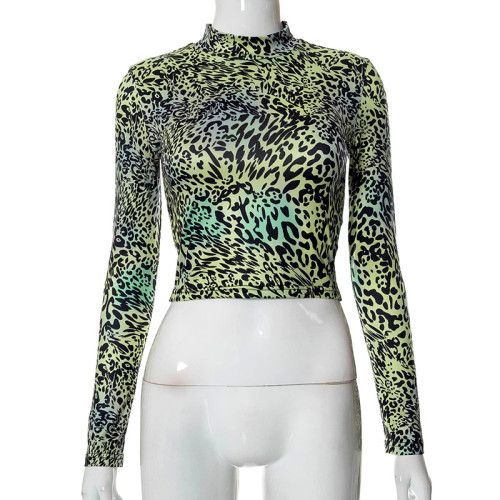 Abstract Print Long Sleeve Round Neck Street Personality Versatile Top