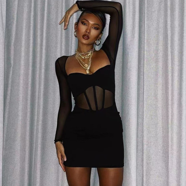 Sexy wrap chest splicing mesh long sleeve wrap hip dress