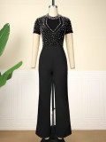 Round neck short sleeve beaded jumpsuit casual style high waist slim party dress