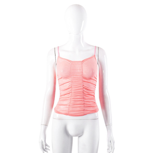 Sleeveless suspender chest wrapped pleated mesh hottie versatile top