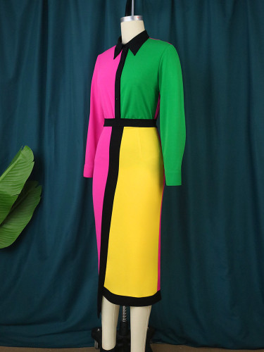 Color blocking long sleeved one-piece dress with small number of color contrast and asymmetric personality