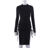 Round Neck Long Sleeve Strap High Waist Hollow out Hot Girl Hip Wrap Skirt