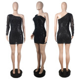 Fashionable hip wrap dress One side long sleeve sequin tassel sexy party nightclub dress