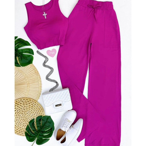 Sweet solid color short vest drawstring high waist straight trousers fashion casual suit