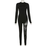 Women's solid color long sleeve slim high waist hollow sports jumpsuit