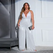 Large Women's Sleeveless Backless Solid Sequins Slim Fit Fashion Slim Jumpsuit