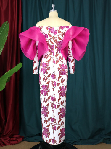 Off the neck dress Banquet party screen print dress