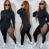 Women's solid color long sleeve slim high waist hollow sports jumpsuit