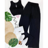 Sweet solid color short vest drawstring high waist straight trousers fashion casual suit