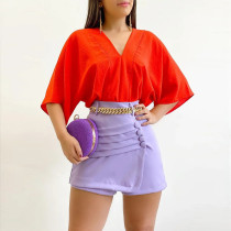Solid loose large V-neck bat sleeve short sleeve women's shirt Solid loose large V-neck bat sleeve short sleeve women's shirt