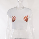 Basic round neck palm print short-sleeved shirt Slim fit short exposed navel versatile T-shirt