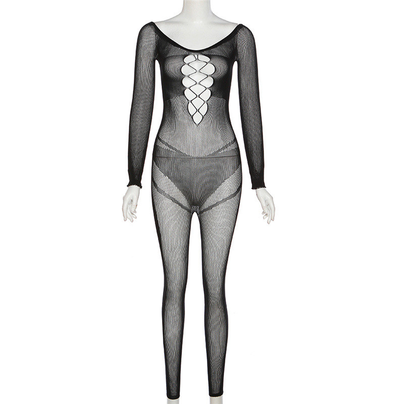 Sexy mesh perspective one-line neck hollow high-waisted trousers tight-fitting jumpsuit