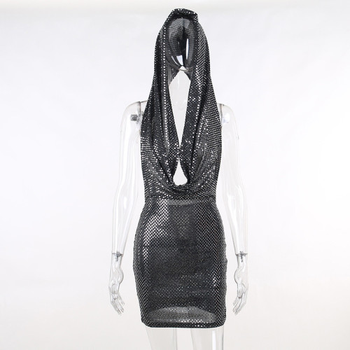Slender sexy pocket neck hanging neck dress backless party bar buttock skirt