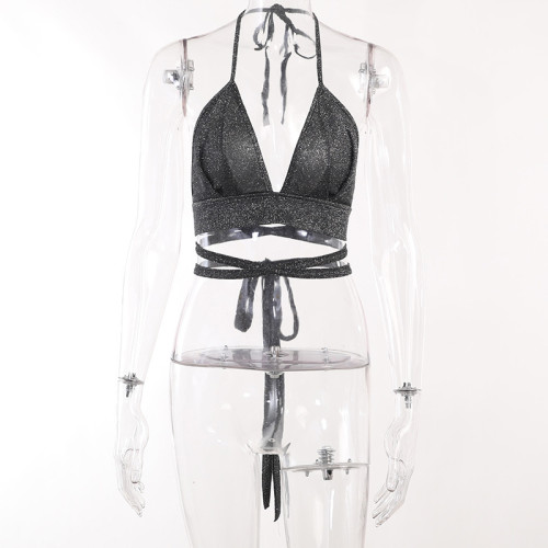Sexy, shiny, deep V-neck, strapping, backless suspender, party versatile, hot girl top