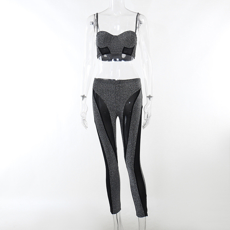 Bright silk mesh patchwork suspender display chest top high waist tight-fitting buttocks trousers suit