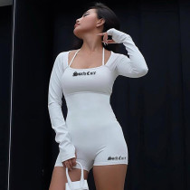 Women's square neck letter embroidered tight peach casual jumpsuit