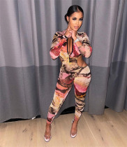 Temperament slim deep V open waist printed jumpsuit