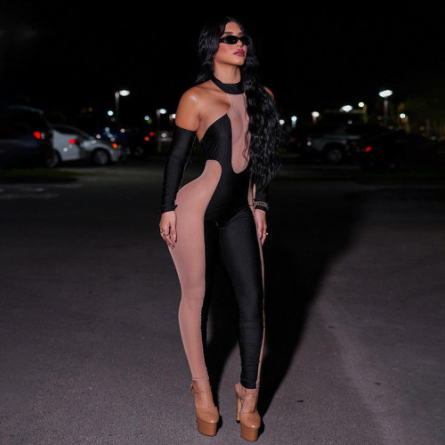 Women's sexy gauze mesh perspective panel round neck sleeve jumpsuit trousers