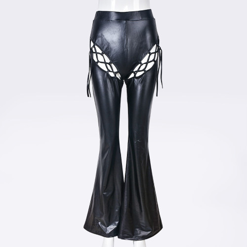 Women's personalized trend slimming lace up hollowed-out flared pants