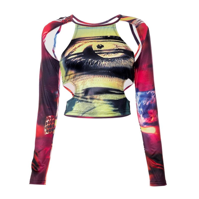 Printed navel exposed long-sleeved T-shirt Women's tight-fitting bottom shirt