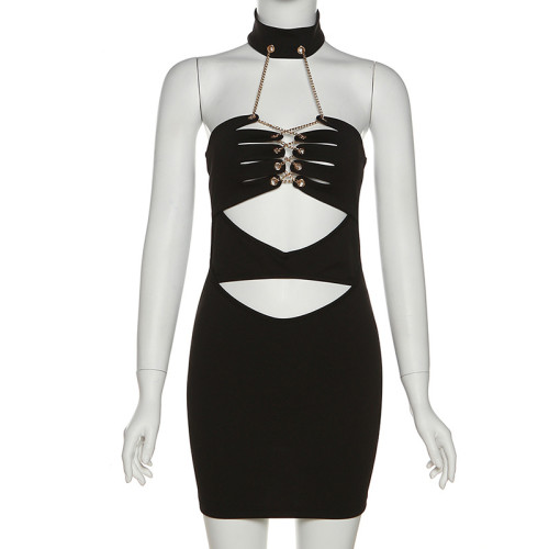 Fashion sexy chest wrap chain cut-out slim wrap hip dress