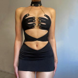 Fashion sexy chest wrap chain cut-out slim wrap hip dress