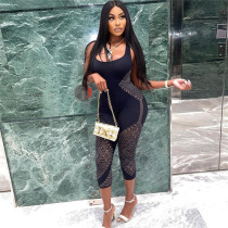 Solid color women's sexy perspective sleeveless low-cut high-waist slim embroidered jumpsuit