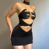 Fashion sexy chest wrap chain cut-out slim wrap hip dress
