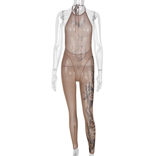 Sexy slim perspective printed jumpsuit