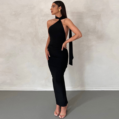 Neck dress sleeveless backless sexy tight pleated buttock dress