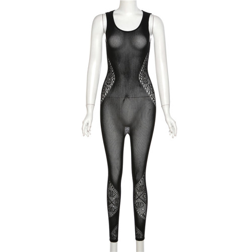 Solid color women's sexy perspective sleeveless low-cut high-waist slim embroidered jumpsuit