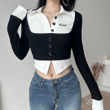 Women's short fashion color contrast fake two-piece single-breasted waistband slim long-sleeved T-shirt