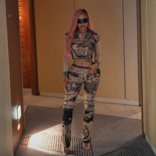 Fashion half-open collar long-sleeved screen printed trousers suit