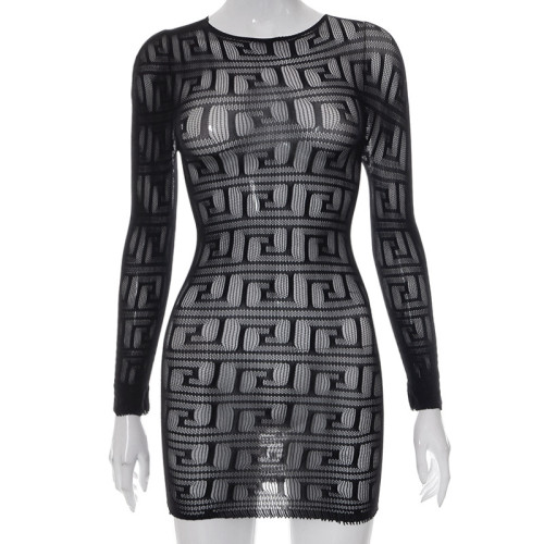 Fashion mesh perspective sexy long-sleeved dress short skirt