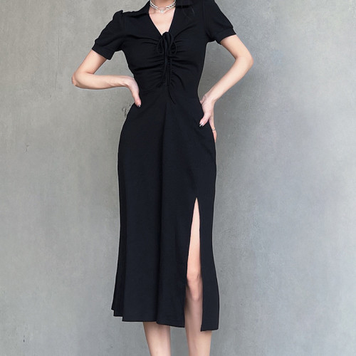 V-neck drawcord high slit slim dress