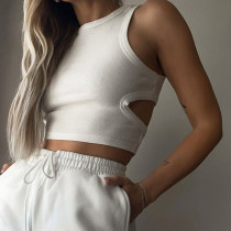 Women's solid color slim fashion short cut open back round neck pullover sexy vest