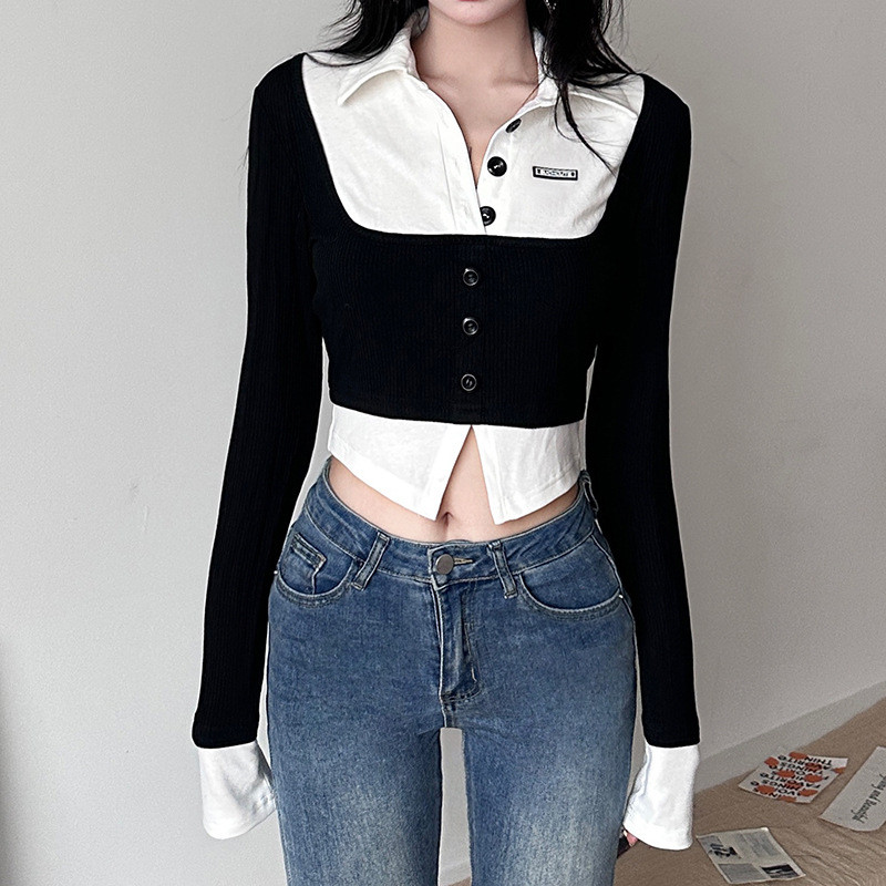 Women's short fashion color contrast fake two-piece single-breasted waistband slim long-sleeved T-shirt