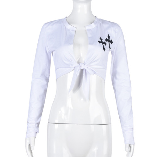 Printed Cross Hollow Lace Long Sleeve Street Fashion T-shirt